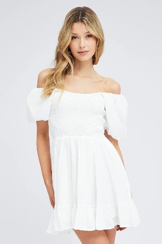 White Fit And Flare Dress Shirred Bust Mini