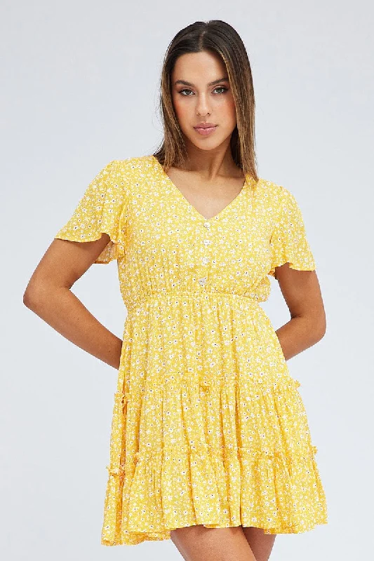 Yellow Ditsy Fit And Flare Dress Short Sleeve Mini