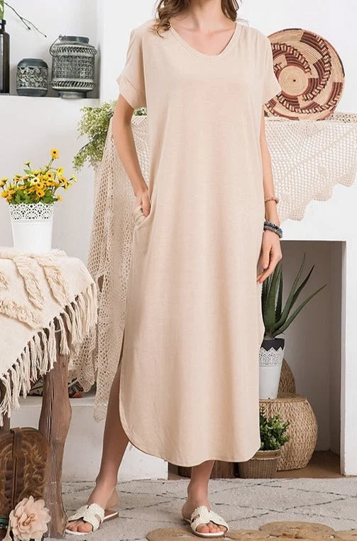 Cold Shoulder Maxi T-shirt Dress - Taupe