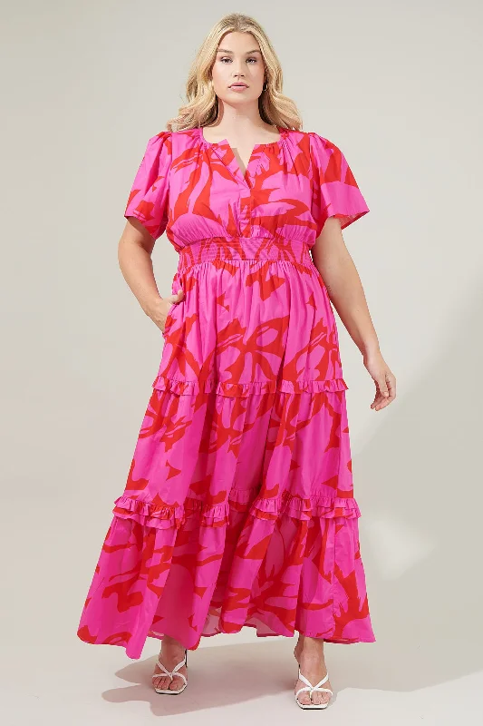 Jolene Abstract Palmer Poplin Tiered Maxi Dress Curve