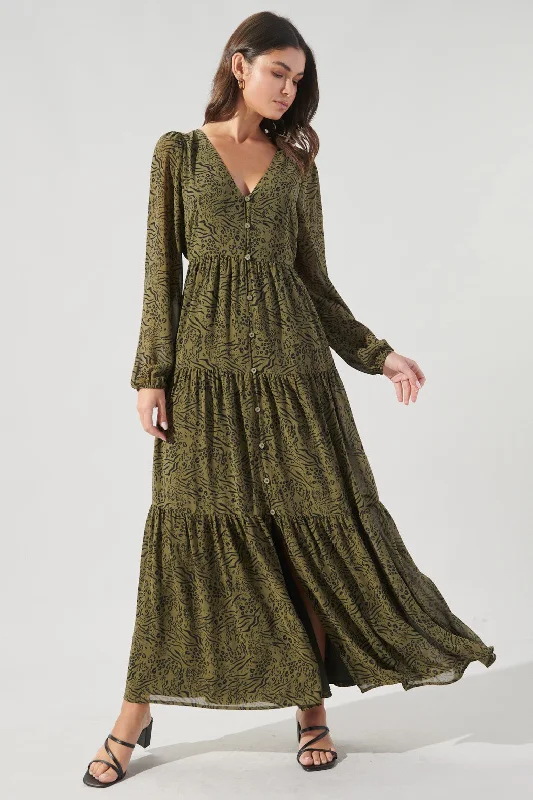 Leonna Olive Leopard Monaco Maxi Tiered Dress