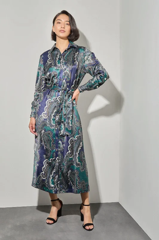 Printed Paisley Charmeuse Maxi Shirt Dress