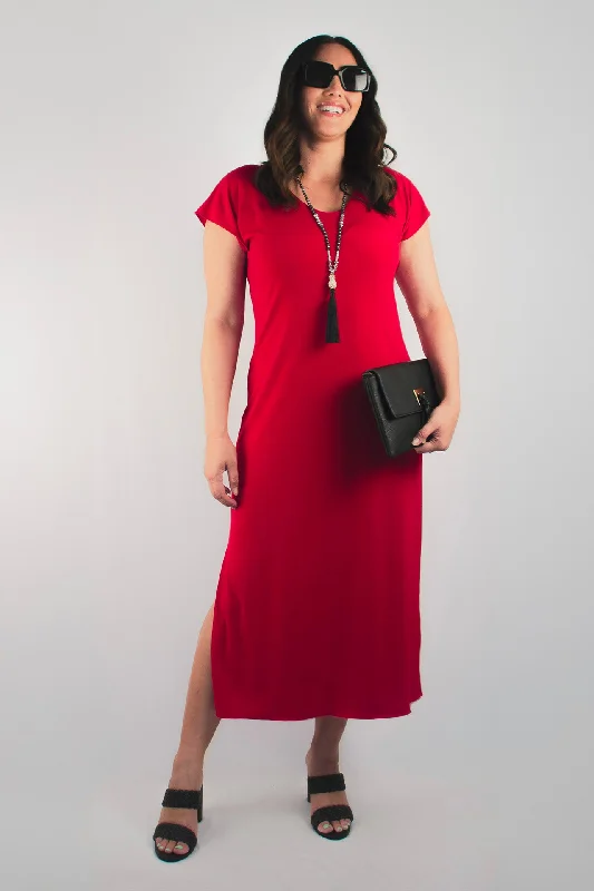 Sassy Red Short Sleeve Jersey Maxi Dress