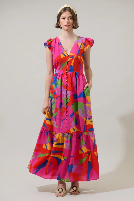 Soleil Abstract Pismo Button Down Flutter Maxi Dress