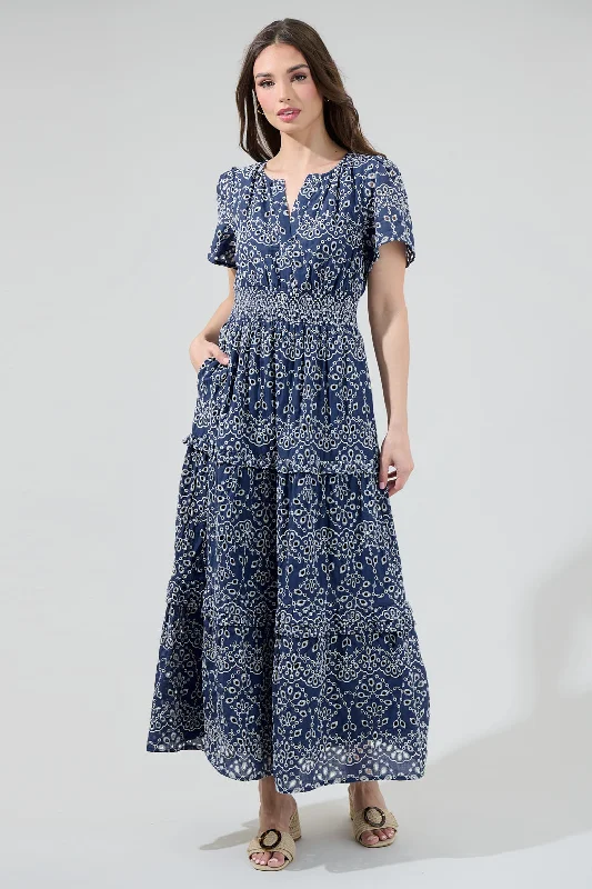 Viridiana Floral Eyelet Palmer Tiered Maxi Dress