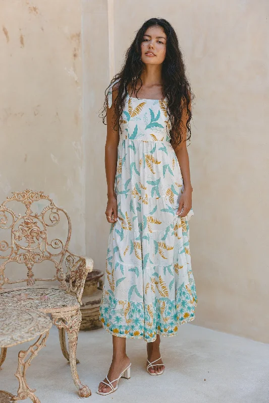 Wisteria Blue Tropical Boho Tiered Tie Midi Dress