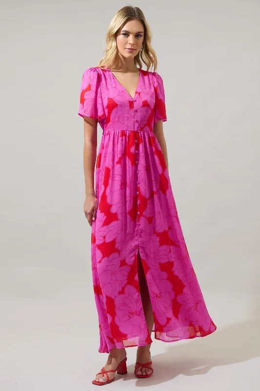 Zalea Floral Linana Button Front Maxi Dress