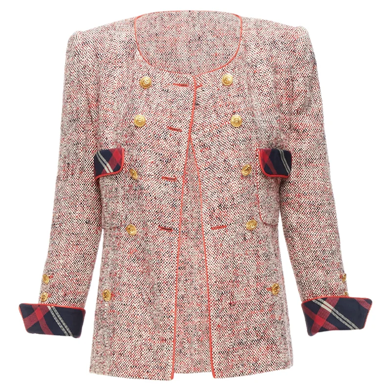 Chanel Red Boucle Tweed Gold Button Double Breast Blazer Jacket