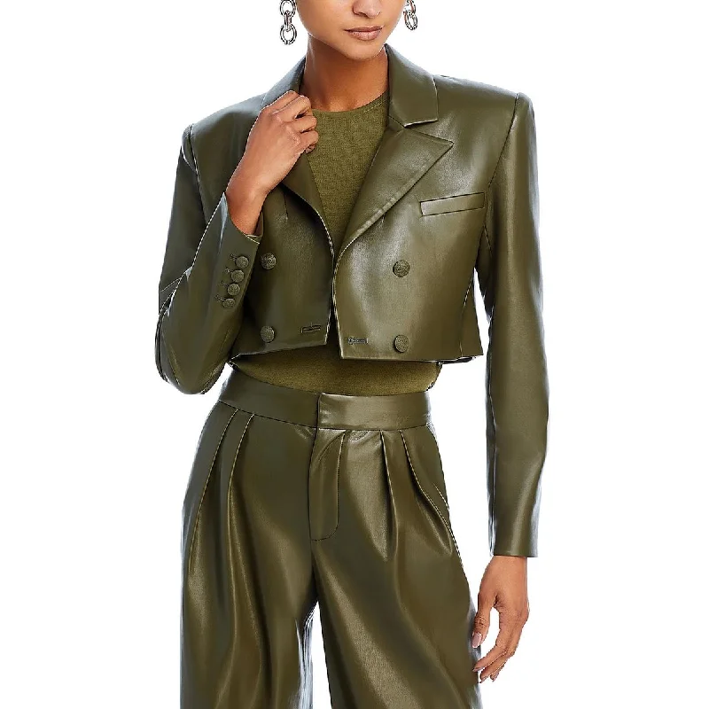 Womens Faux Leather Cropped Double-Breasted Blazer