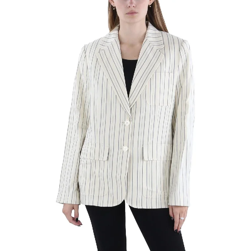 Womens Linen Blend Striped Two-Button Blazer