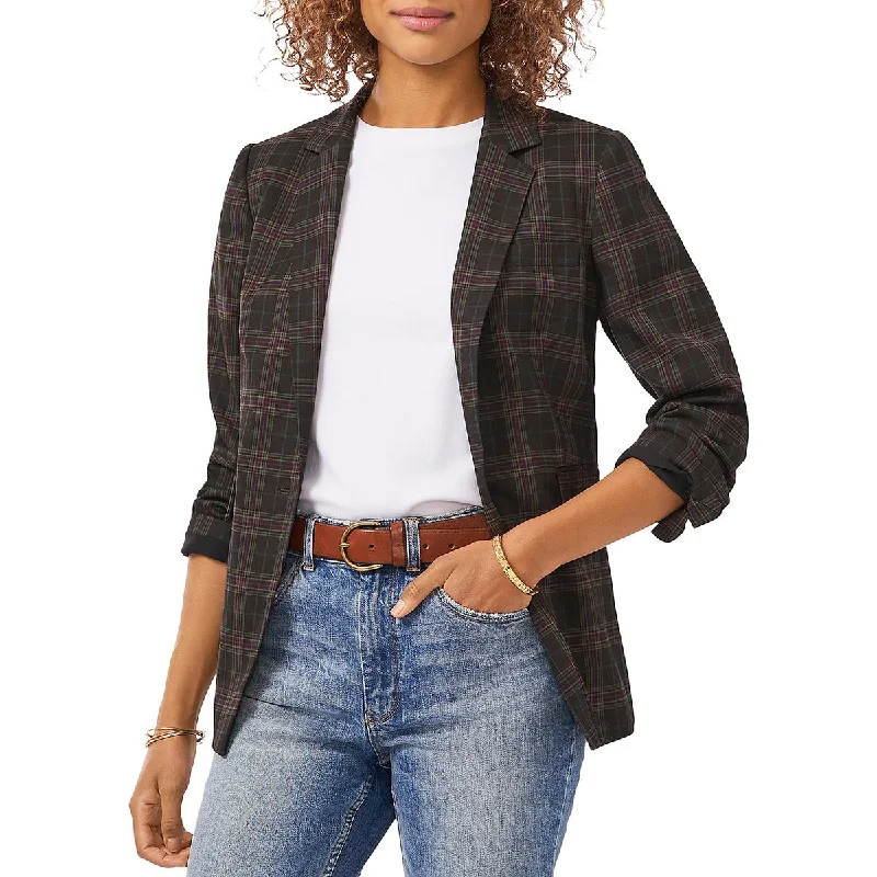 Womens Plaid Notch Collar One-Button Blazer