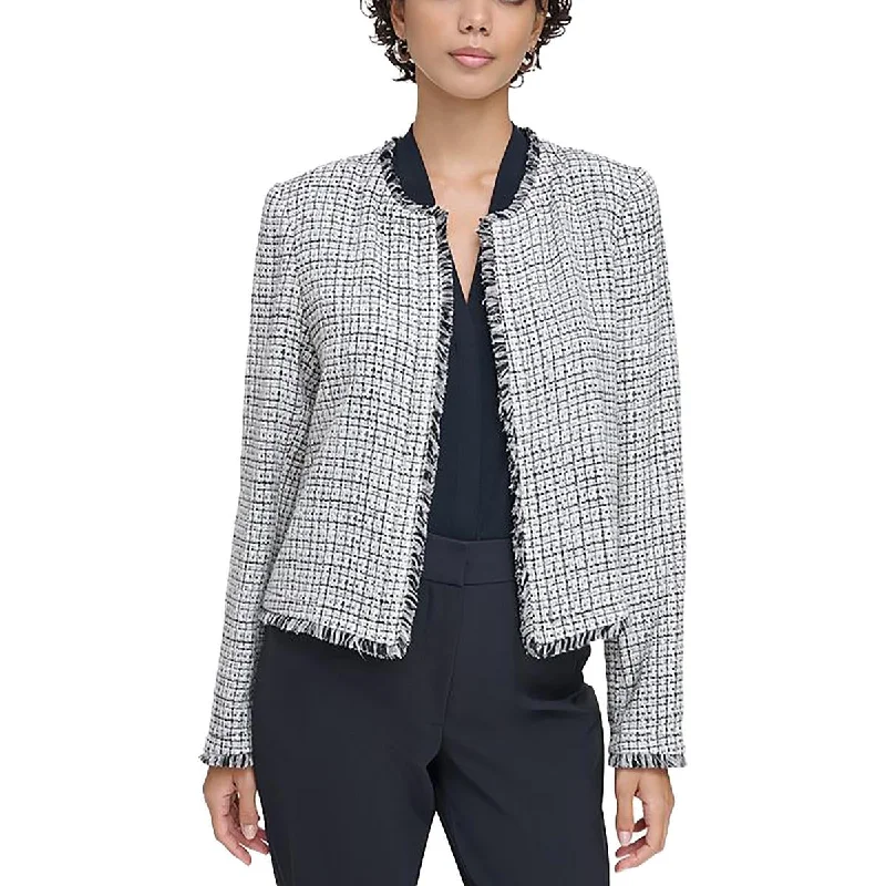 Womens Tweed Fringe Open-Front Blazer