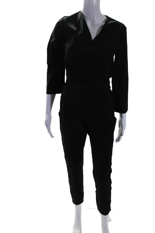 Aday Womens Stretch V-Neck Long Sleeve Destination Jumpsuit 1 Piece Black