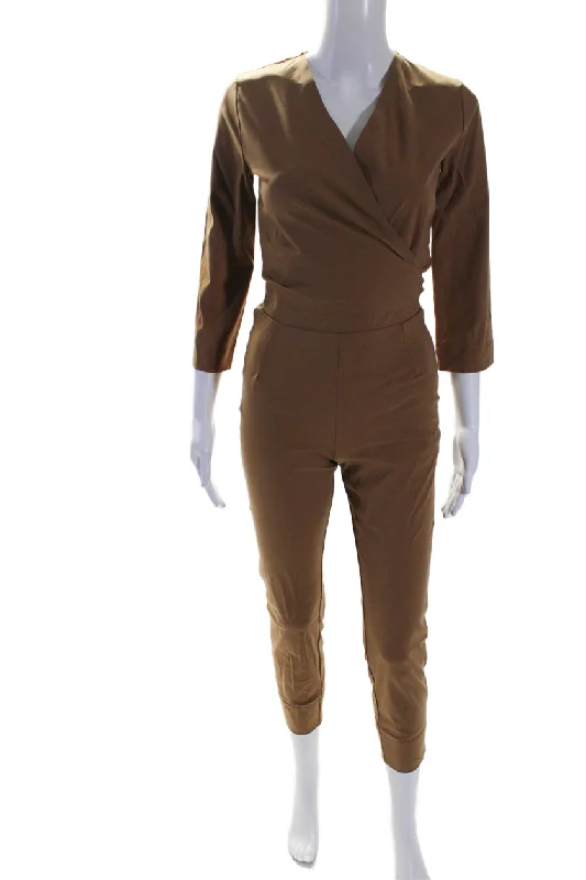 Aday Womens V-Neck Long Sleeve Destination Jumpsuit One Piece Camel