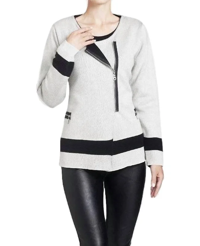 Contrast Off-Ctr Zip Cardigan In Stone/black