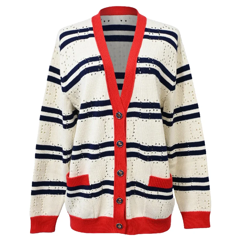 Gucci Love Parade Pointelle-Knit Striped Button-Down Cardigan in Cream Cotton