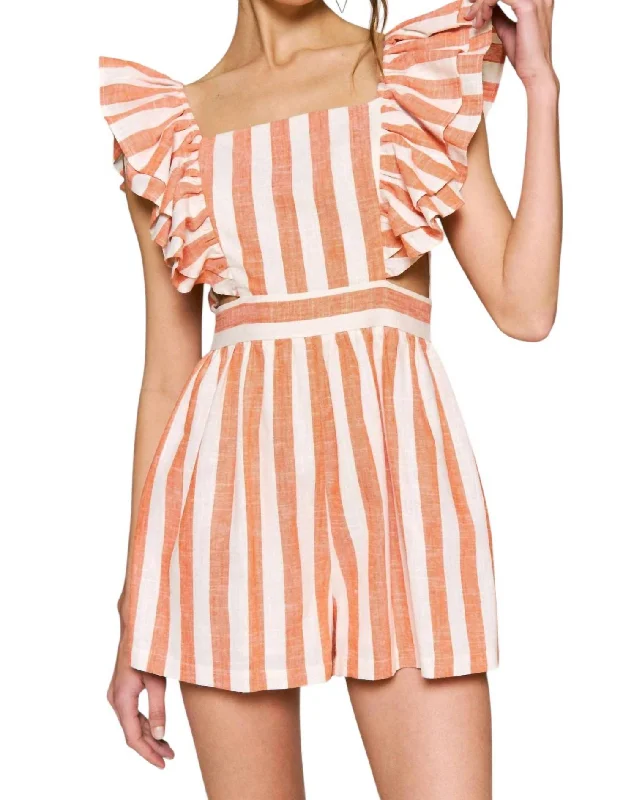 Hailee Ruffle Striped Romper In Salmon Pink