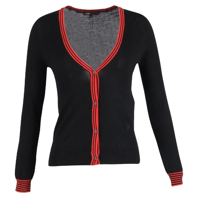 Maje Knitted Button-Down V-Neck Cardigan in Black and Red Wool