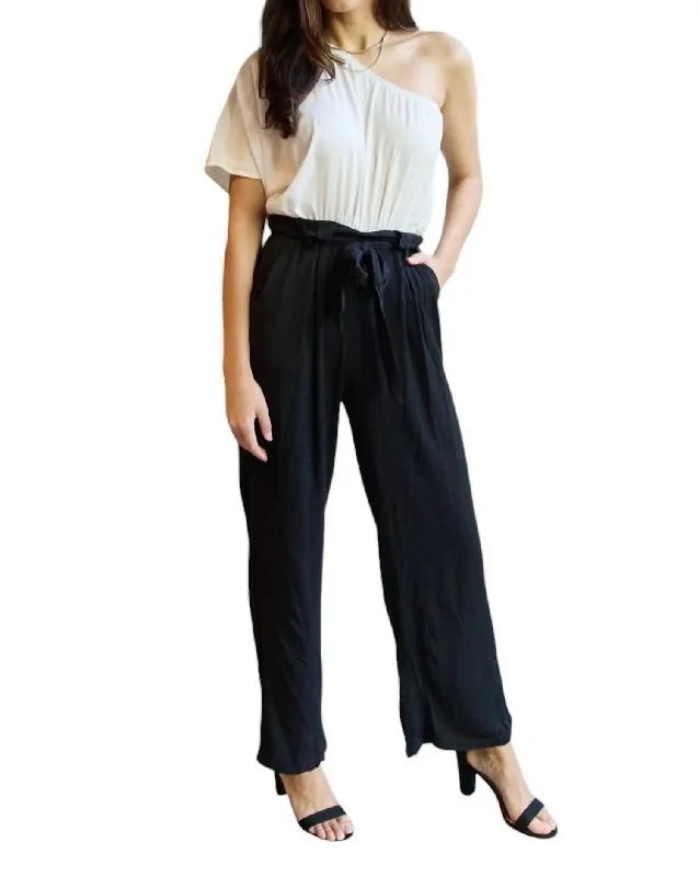 Marvelous In Manhattan One-Shoulder Jumpsuit In White/black