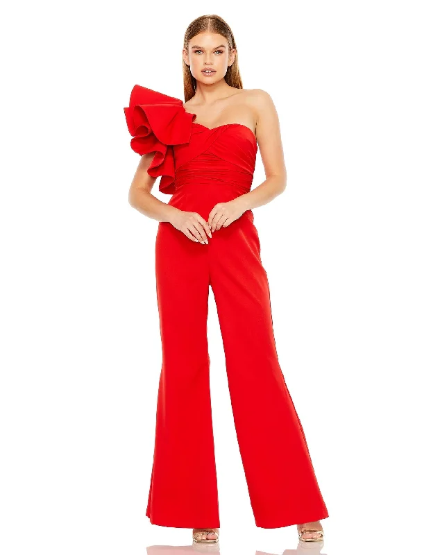 One Shoulder Ruffle Detail Flare Pant Jumpsuit