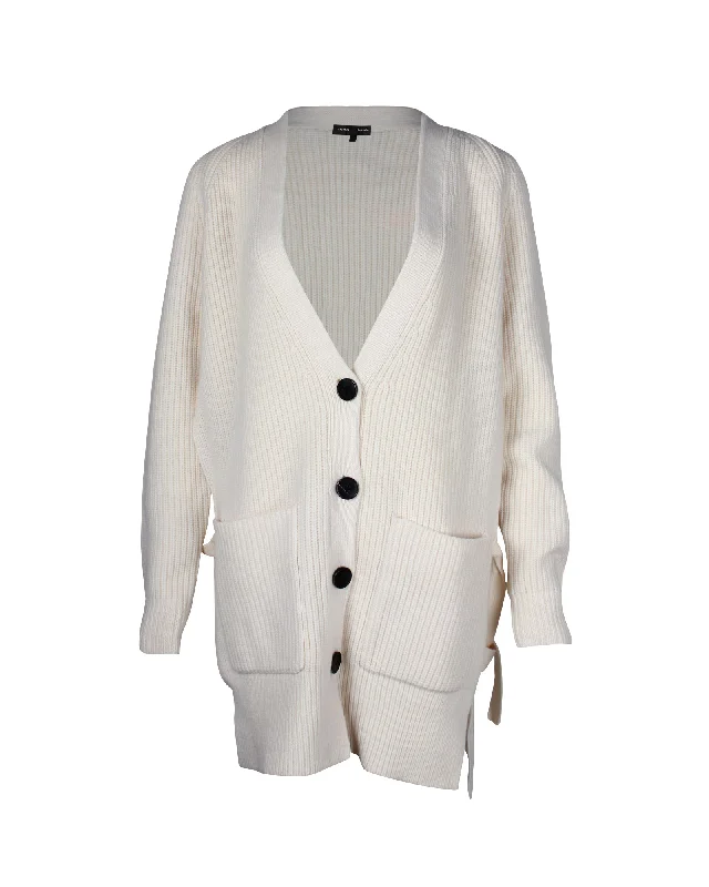 Proenza Schouler V-Neck Ribbed Knit Cardigan in Cream Wool