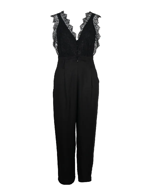 Sandro Floral Lace and Gabardine Jumpsuit in Black Lyocell