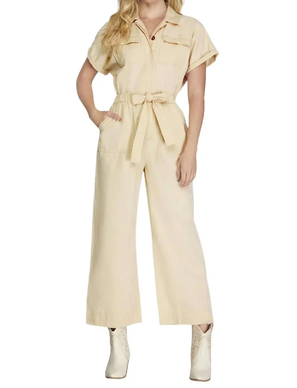 Short Sleeve Button Front Jumpsuit In Ecru