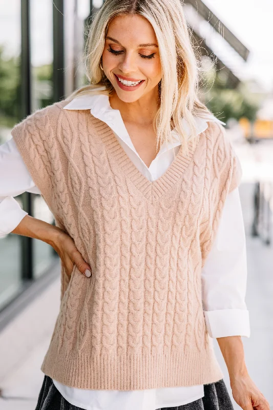 Take Your Chance Taupe Brown Cable Knit Sweater Vest