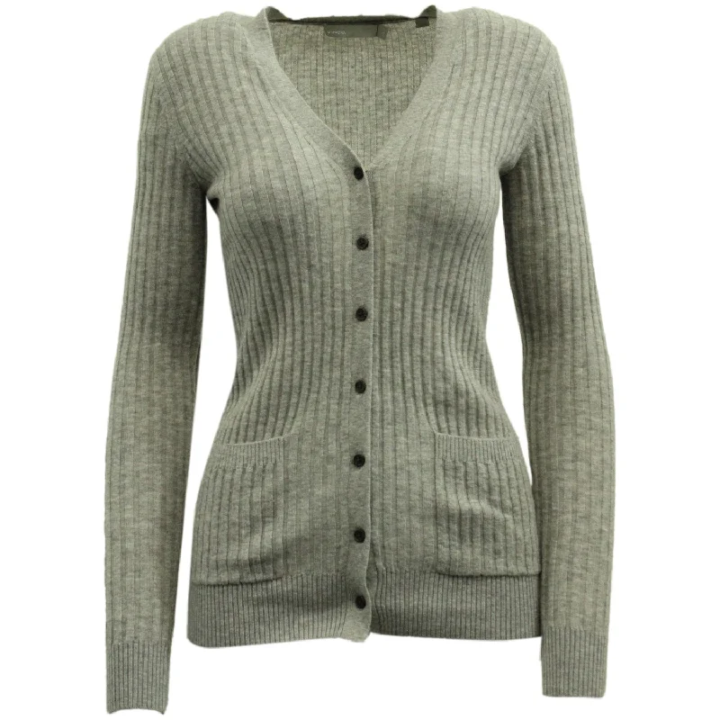 Vince Ribbed Knitted Cardigan in Grey Cashmere