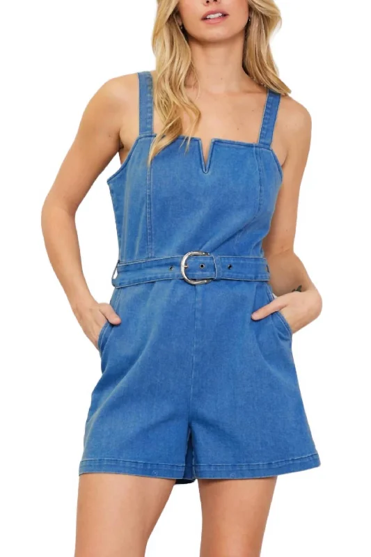 Washed Denim Belted Romper In Blue