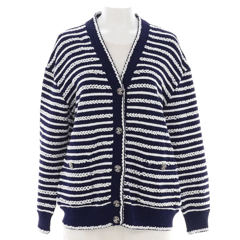 Women's Braid Striped V-Neck Cardigan Cotton Blend