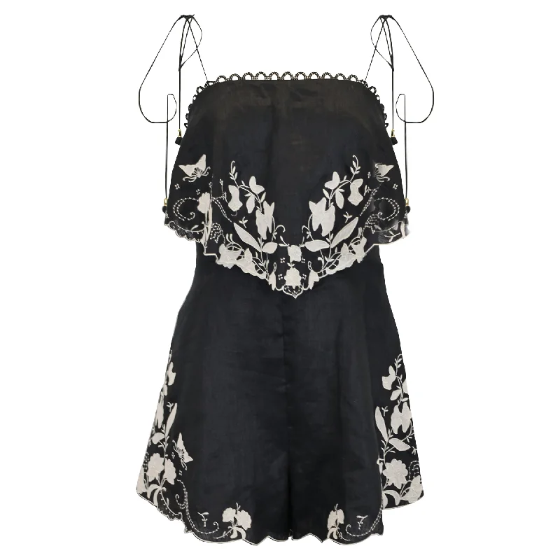 Zimmermann Floral Embroidered Juniper Linen Playsuit in Black Linen